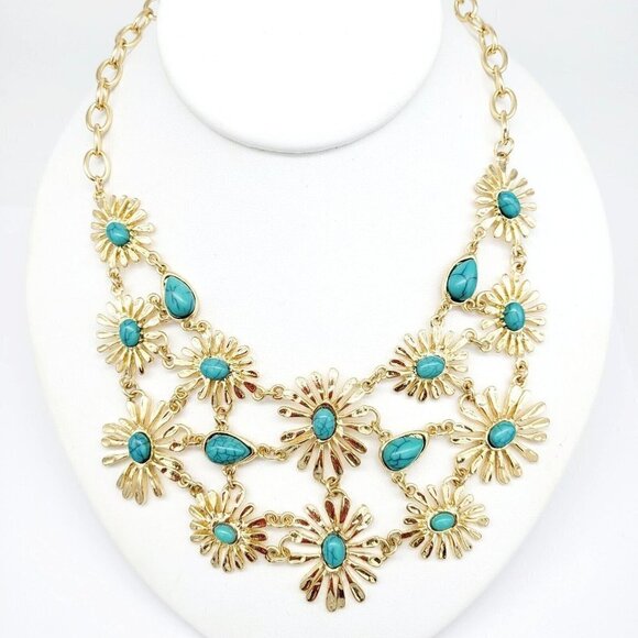 Versona Faux Turquoise 19" Bib Flower Necklace Gold Tone Feminine Modern NEW - Picture 1 of 7